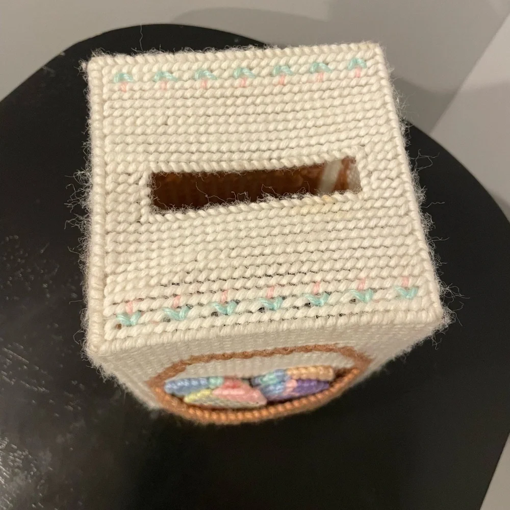 Vintage Crochet Kleenex Box with pastel Easter eggs and basket